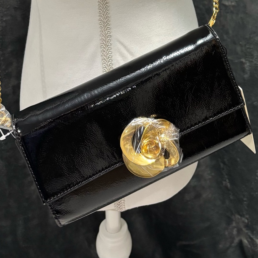 NWT Ted Baker Black Patent Leather Kira Rose Clutch & Crossbody Gold Rose Accent - Picture 2 of 11